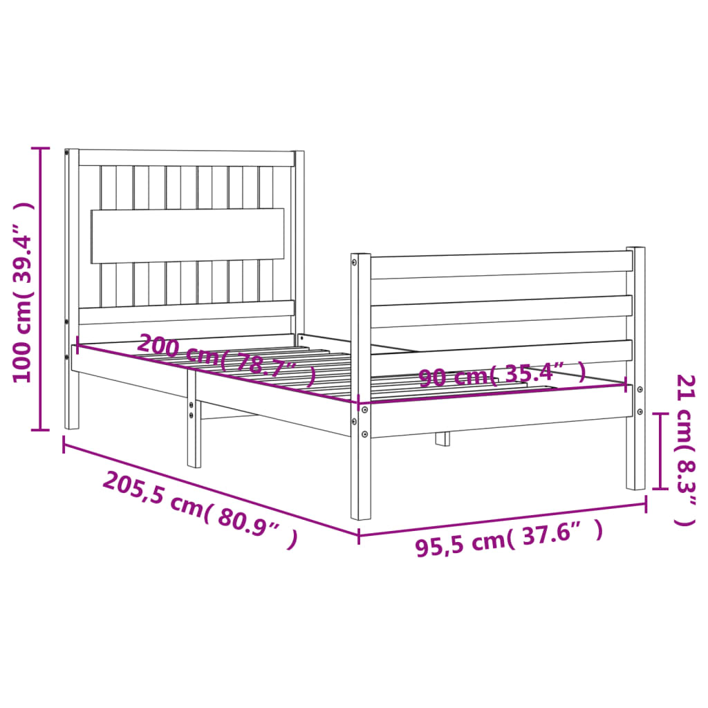 vidaXL Sängram med huvudgavel 90x200 cm massivt trä