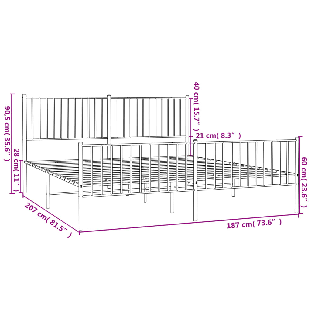 vidaXL Sängram utan madrass med fotgavel metall svart 180x200 cm