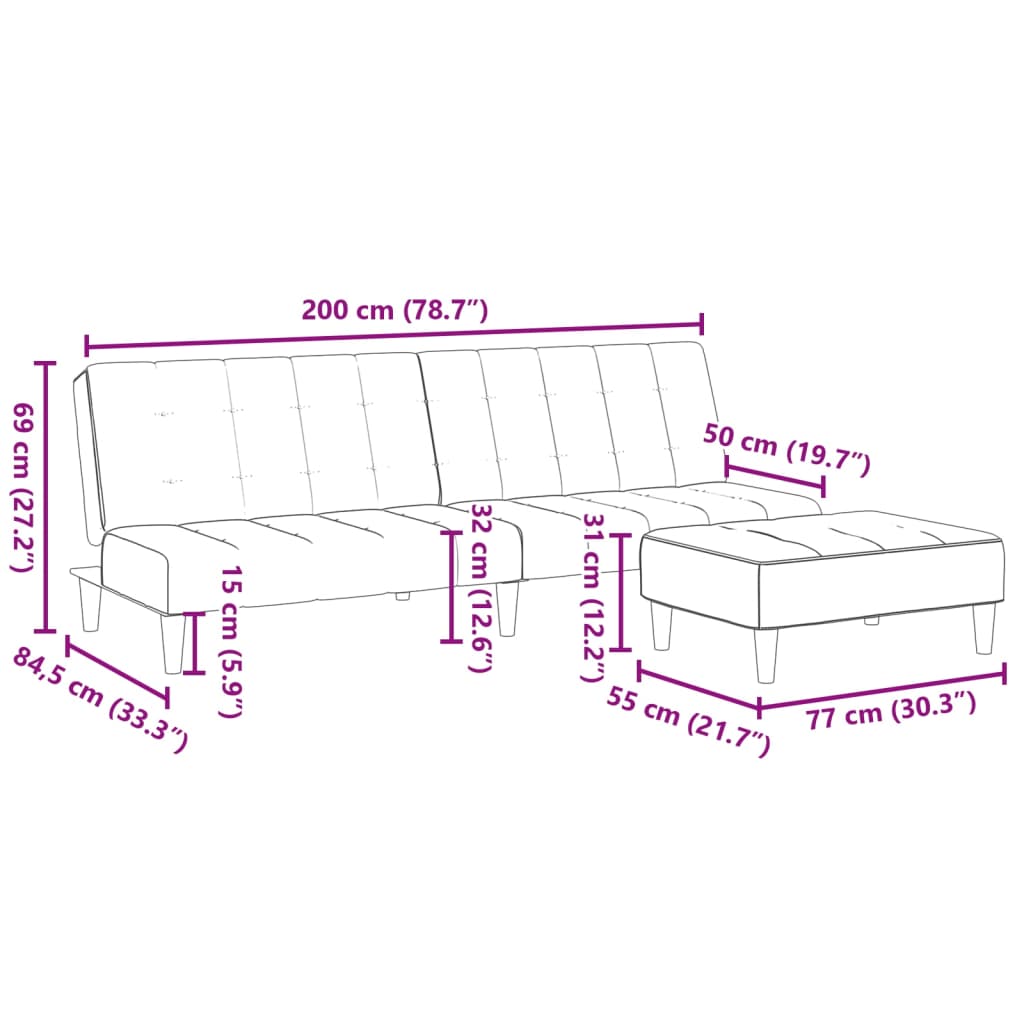 vidaXL Bäddsoffa 2-sits med fotpall ljusgrå sammet