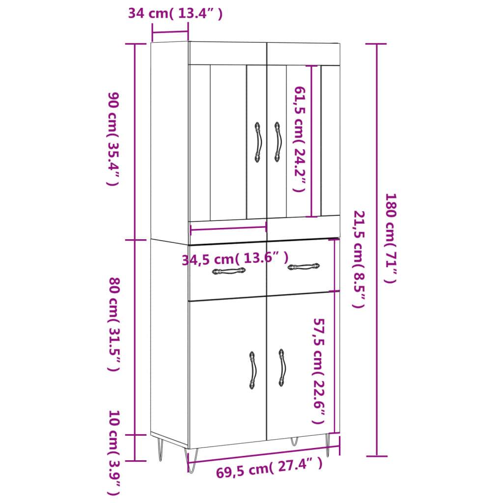 vidaXL Högskåp vit 69,5x34x180 cm konstruerat trä