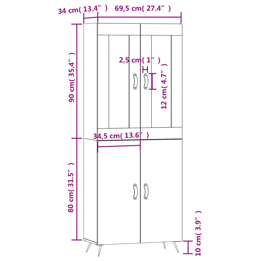 vidaXL Högskåp betonggrå 69,5x34x180 cm konstruerat trä