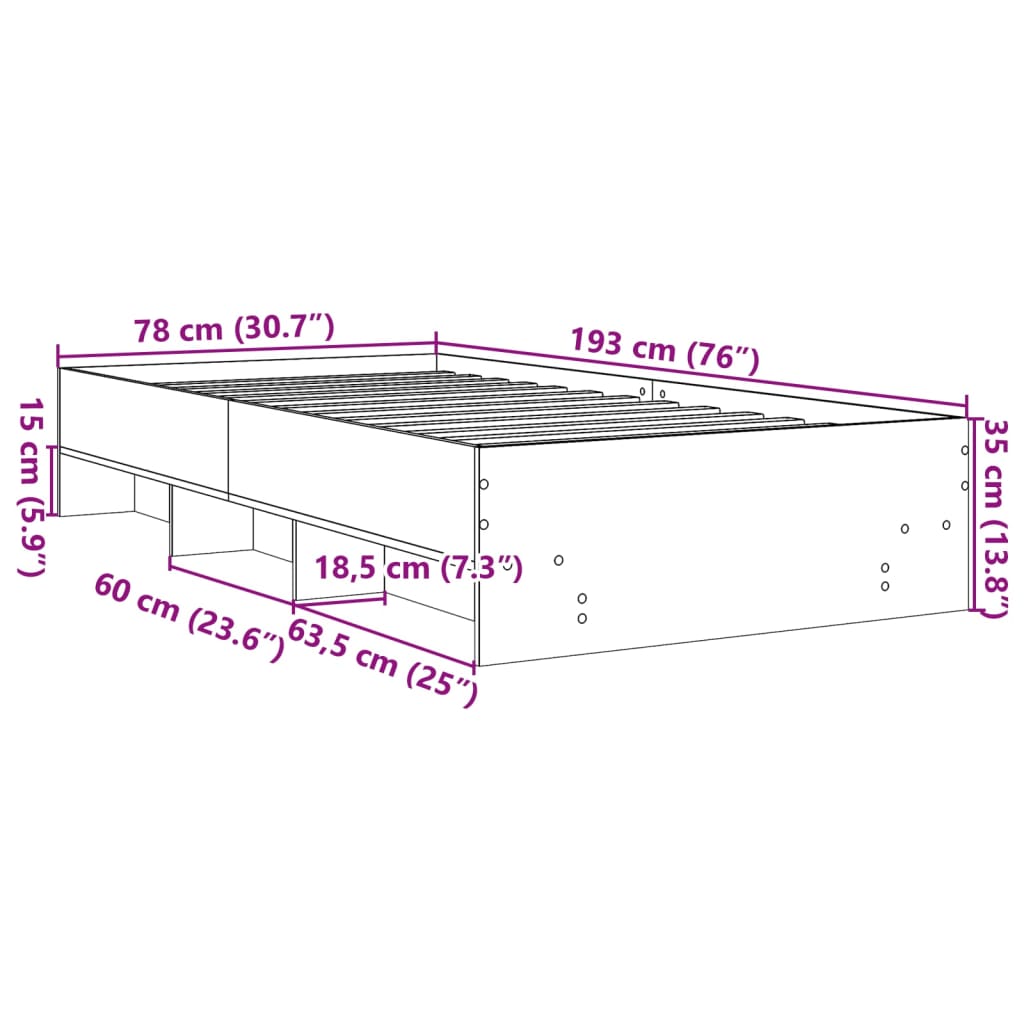 vidaXL Sängram utan madrass rökfärgad ek 75x190 cm konstruerad trä