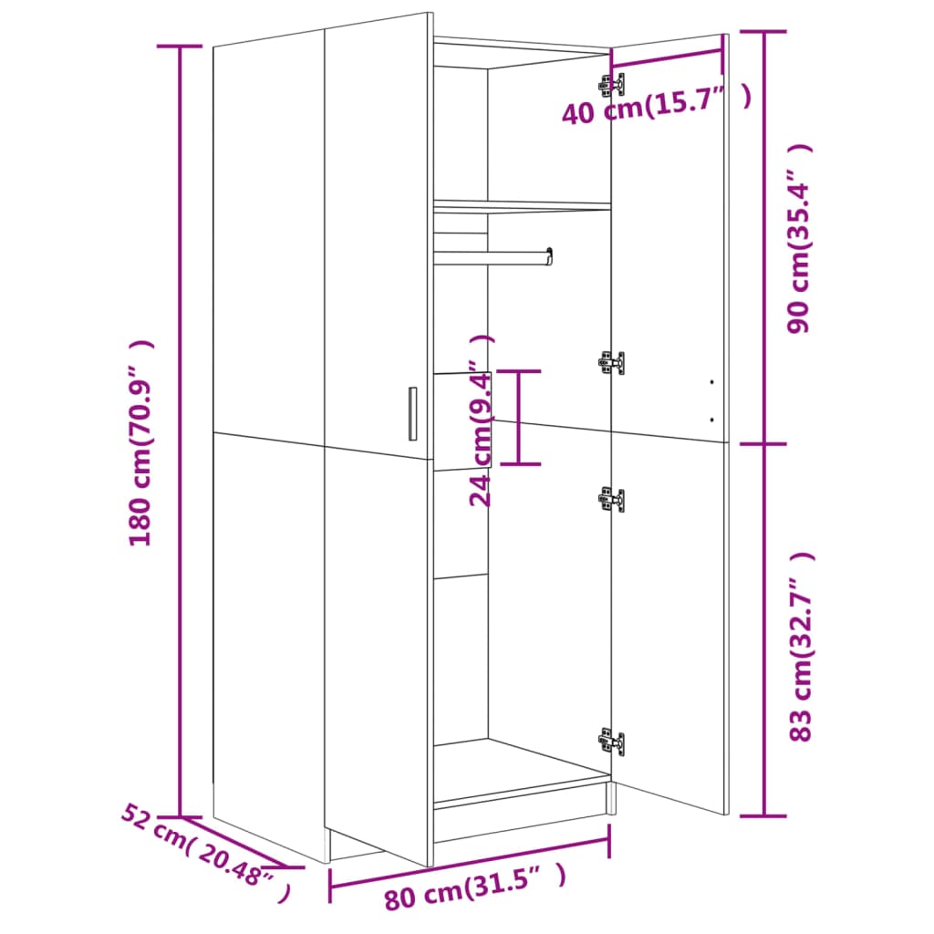 vidaXL Garderob sonoma-ek 80x52x180 cm konstruerat trä