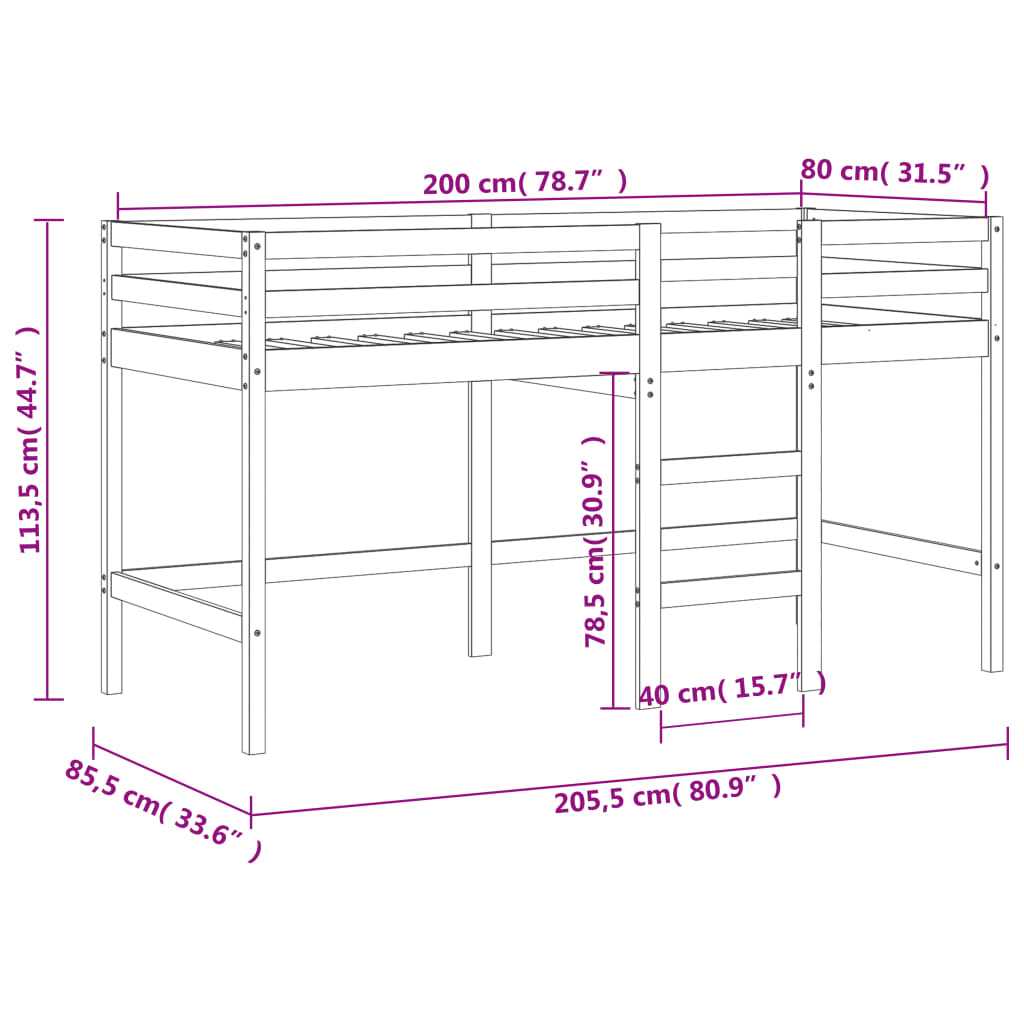 vidaXL Loftsäng med gardiner vit&svart 80x200 cm massiv furu