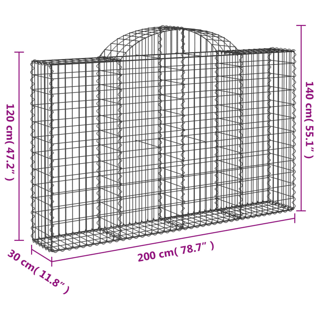 vidaXL Gabioner bågformade 18 st 200x30x120/140 cm galvaniserat järn