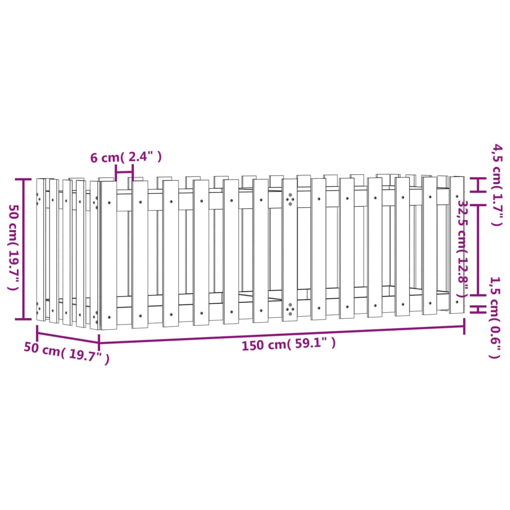 vidaXL Odlingslåda med staket-design 150x50x50 cm impregnerad furu