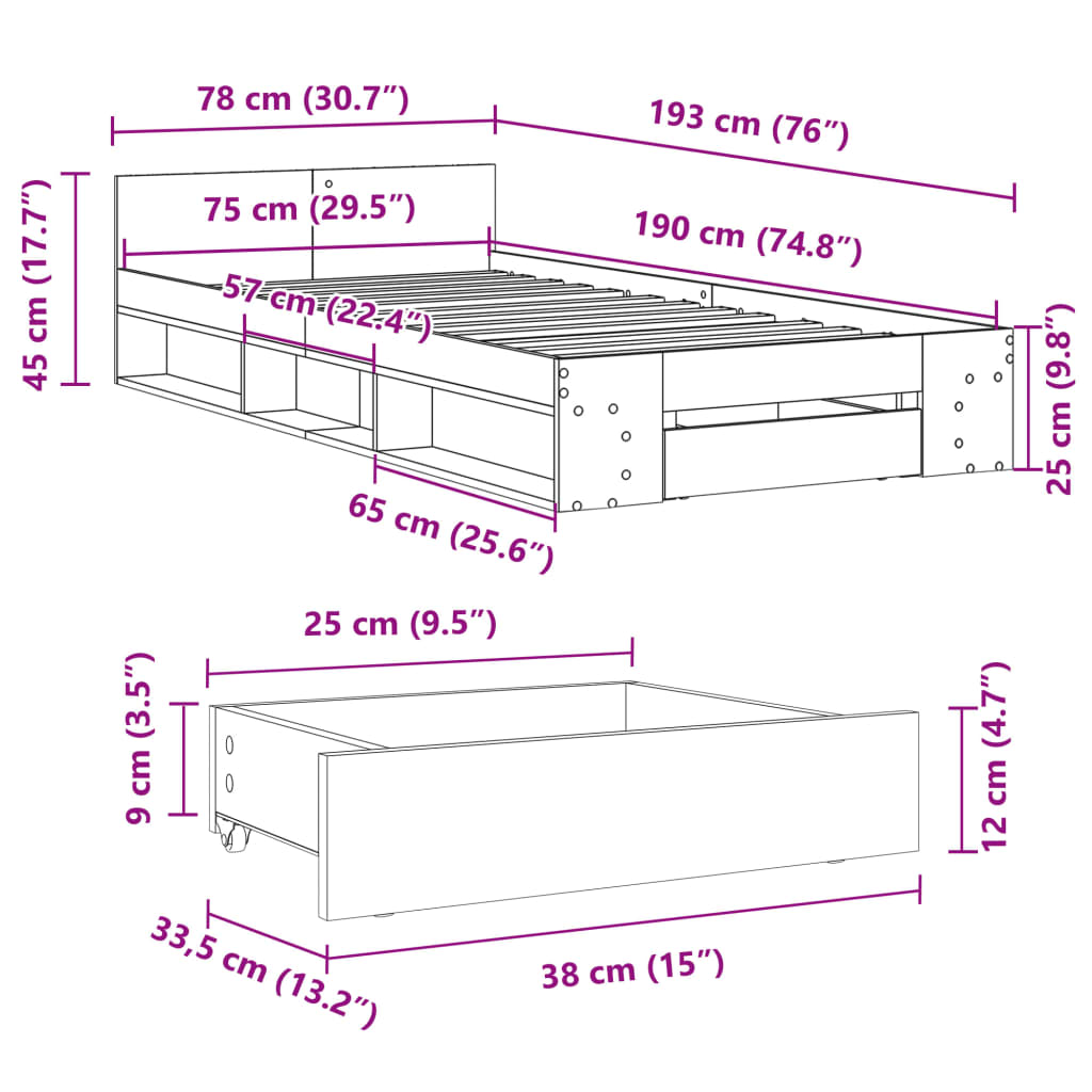 vidaXL Sängram med låda brun ek 75x190 cm konstruerad trä