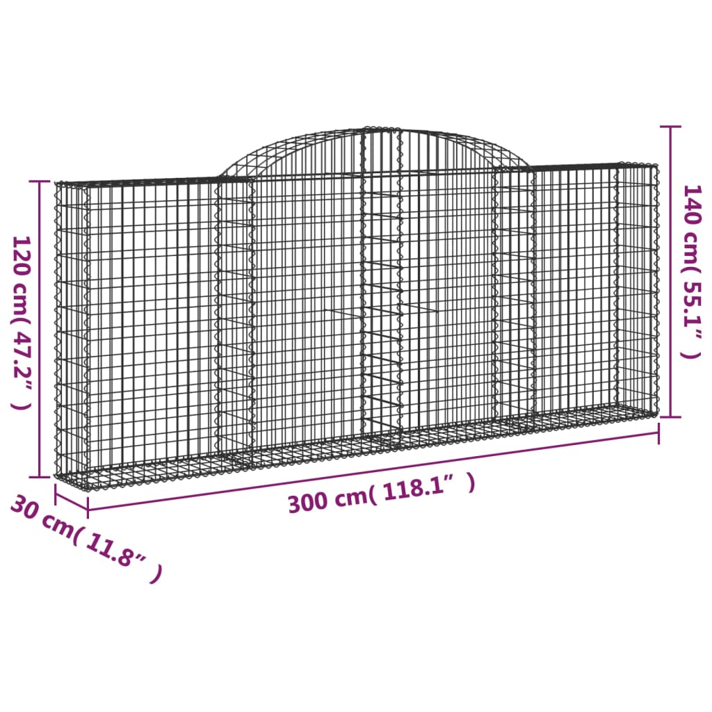 vidaXL Gabioner bågformade 6 st 300x30x120/140 cm galvaniserat järn