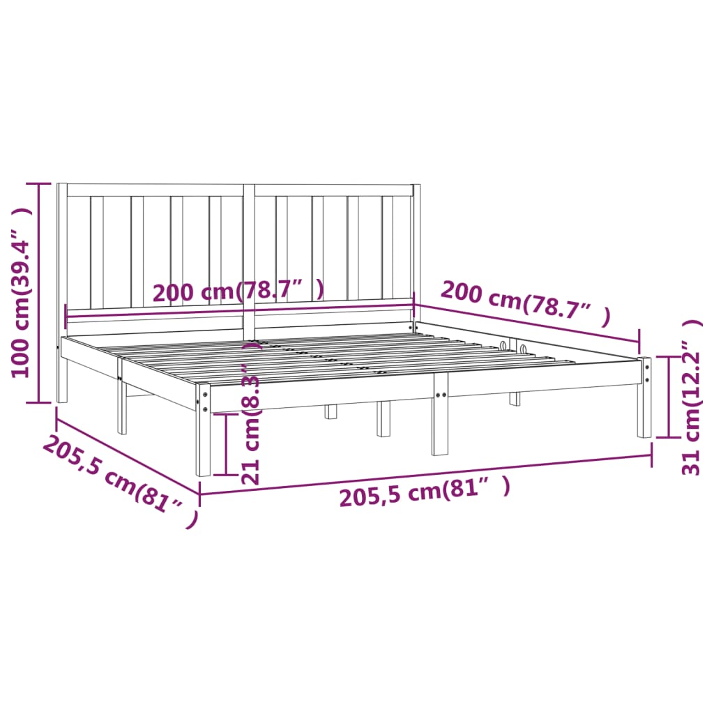 vidaXL Sängram svart massiv furu 200x200 cm