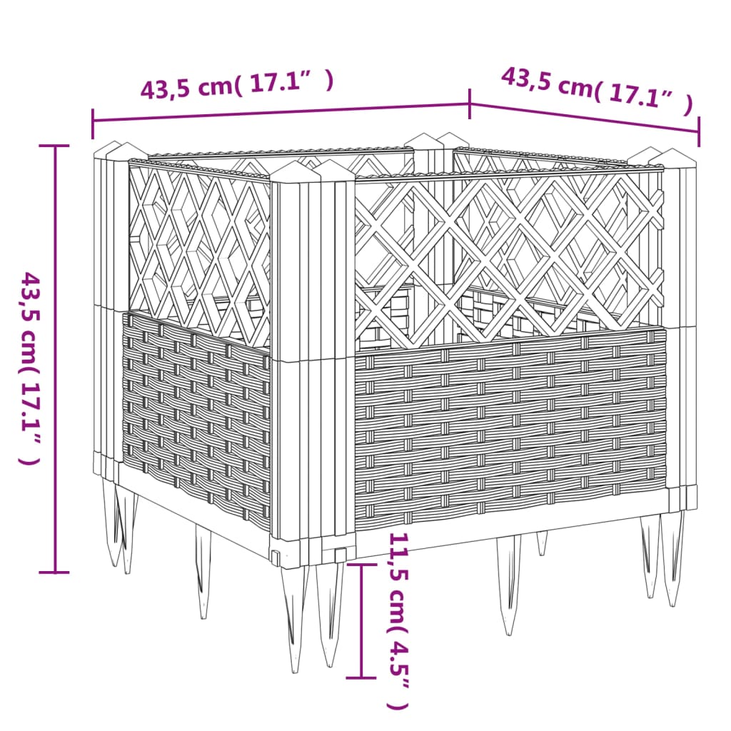 vidaXL Odlingslåda med piggar grå 43,5x43,5x43,5 cm PP