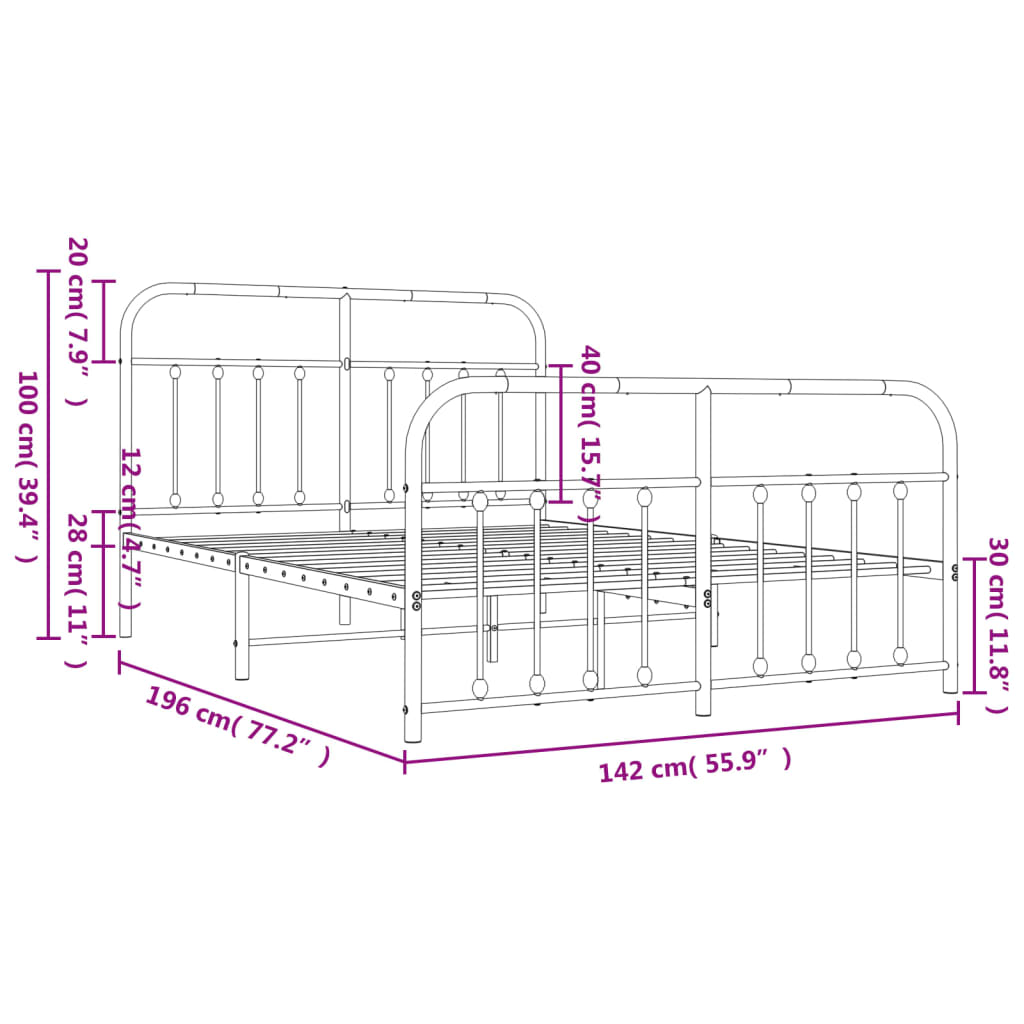 vidaXL Sängram med huvudgavel och fotgavel vit metall 135x190 cm