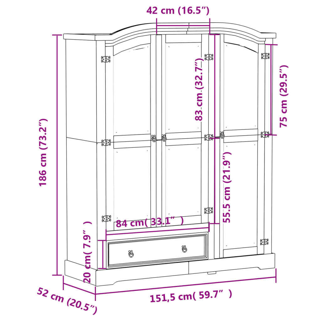 vidaXL Garderob Corona vit 151,5x52x186 cm massiv furu