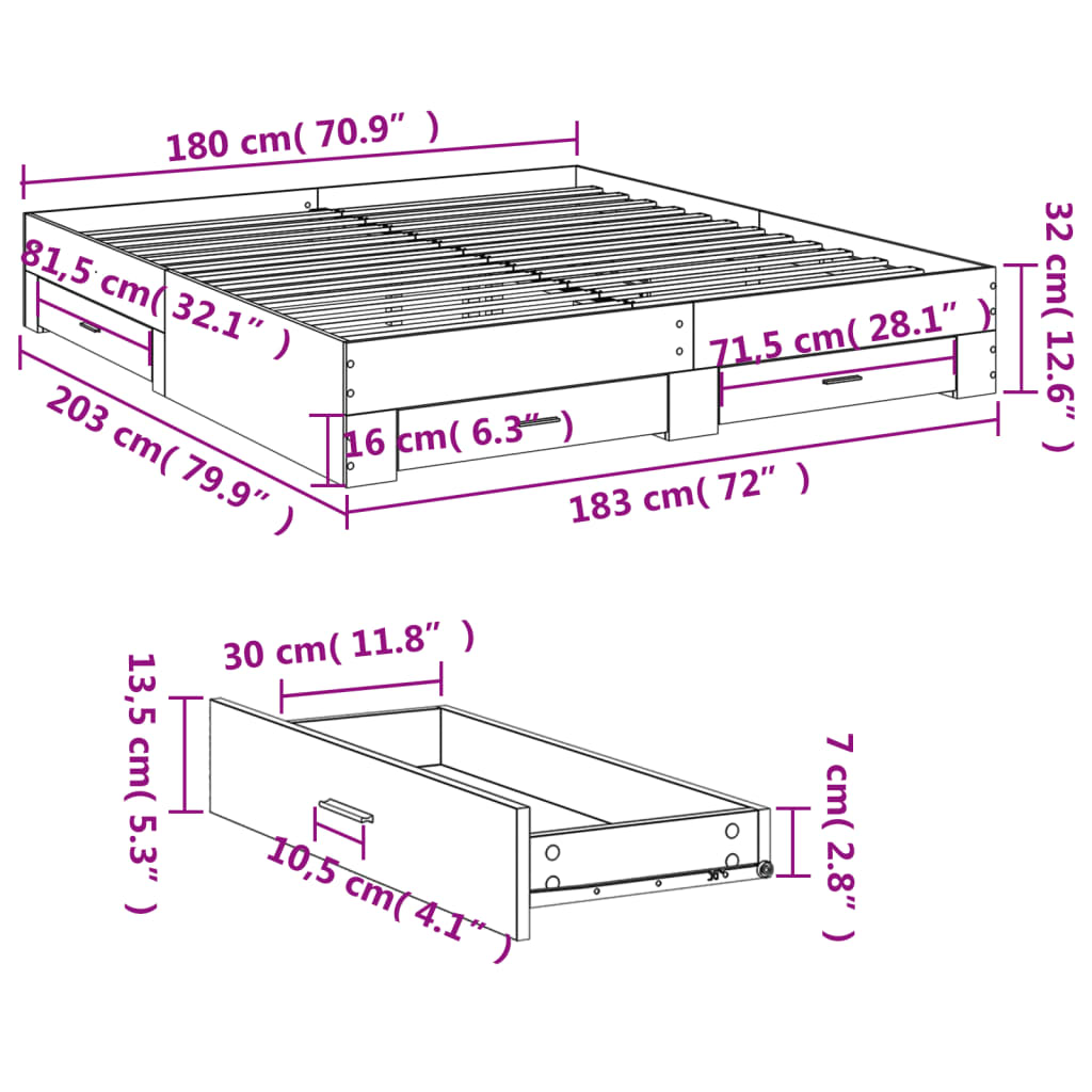 vidaXL Sängram med lådor sonoma-ek 180x200 cm konstruerat trä