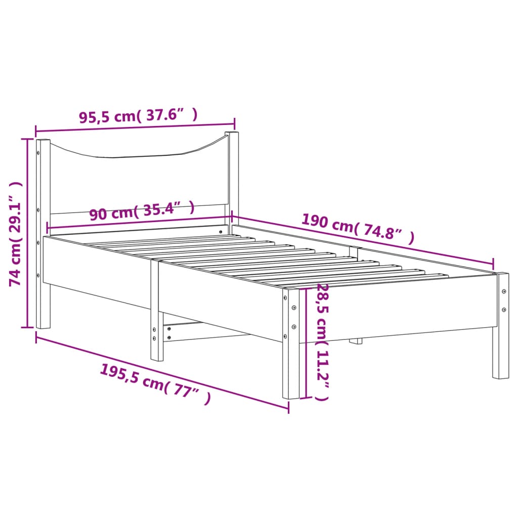 vidaXL Sängram utan madrass vaxad brun 90x190 cm massiv furu