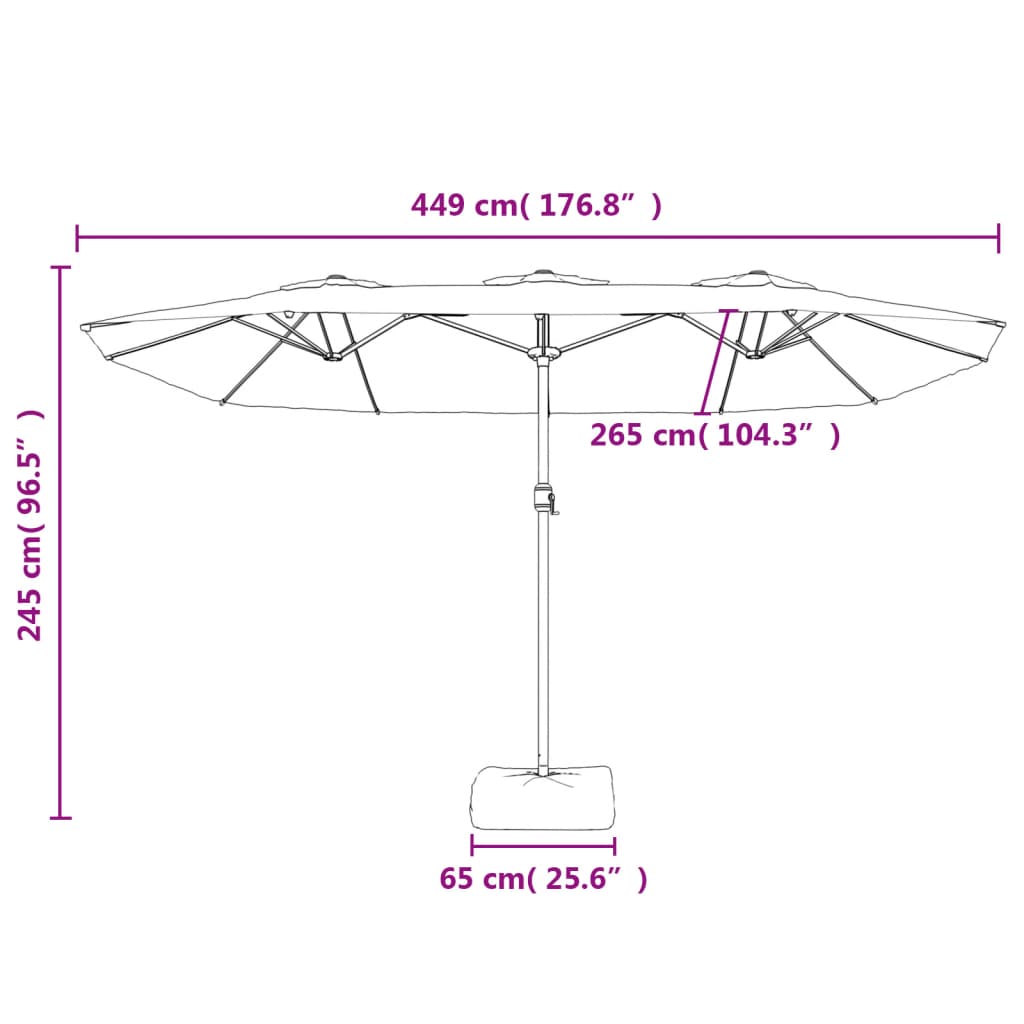 vidaXL Trädgårdsparasoll dubbelt med LEDs sandvit 449x245 cm