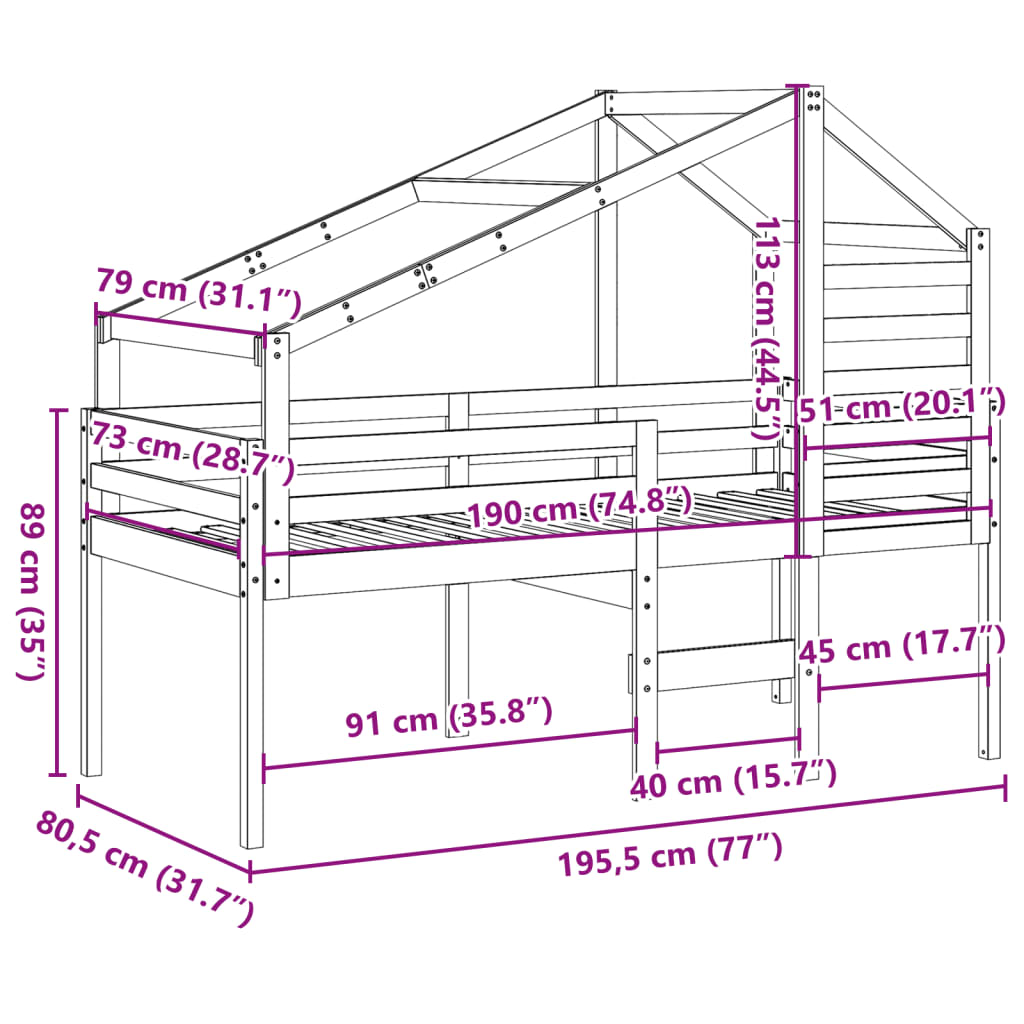 vidaXL Hög säng med tak vit 75x190 cm massiv furu