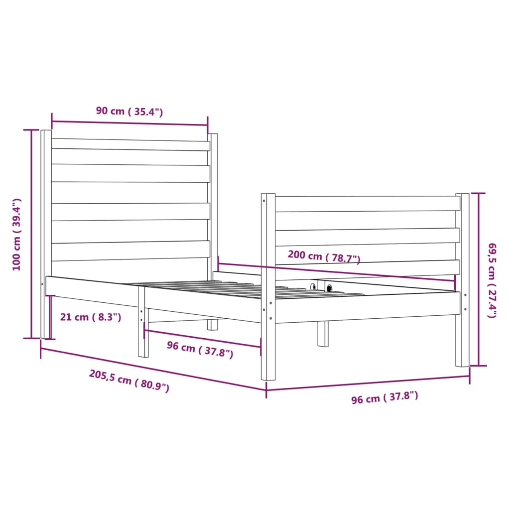 vidaXL Sängram honungsbrun massiv furu 90x200 cm