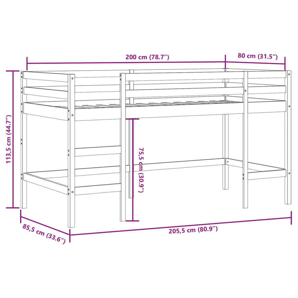 vidaXL Loftsäng med stege vit 80x200 cm massiv furu