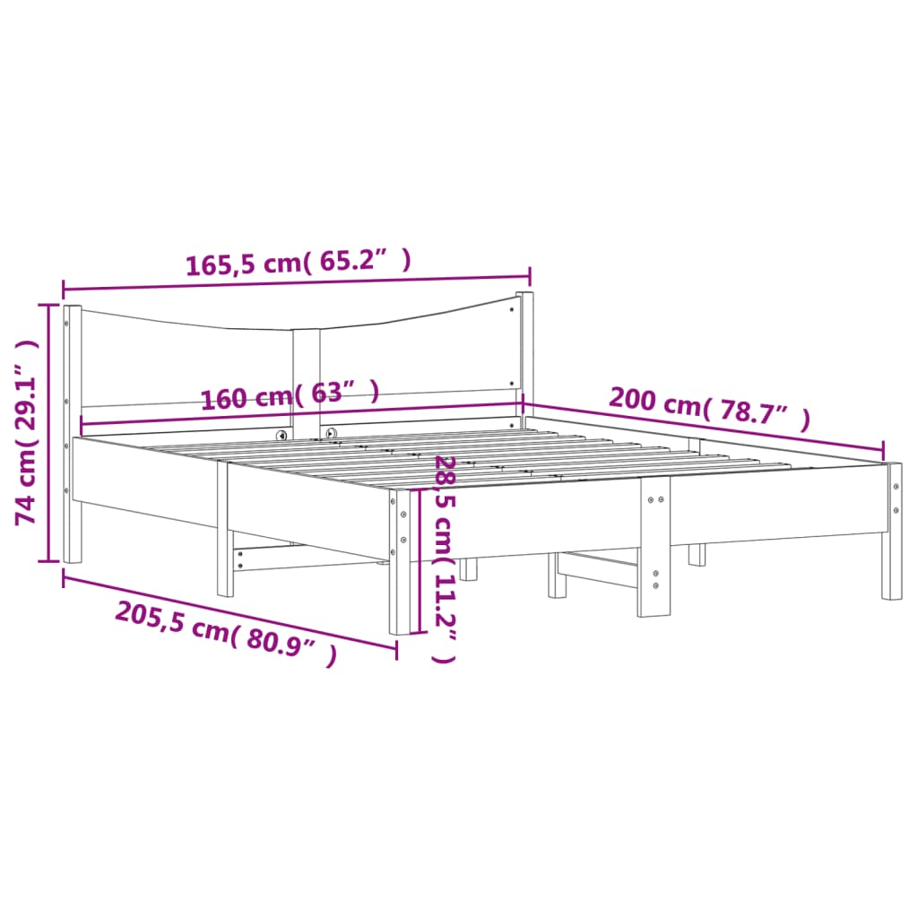 vidaXL Sängram utan madrass vit 160x200 cm massiv furu