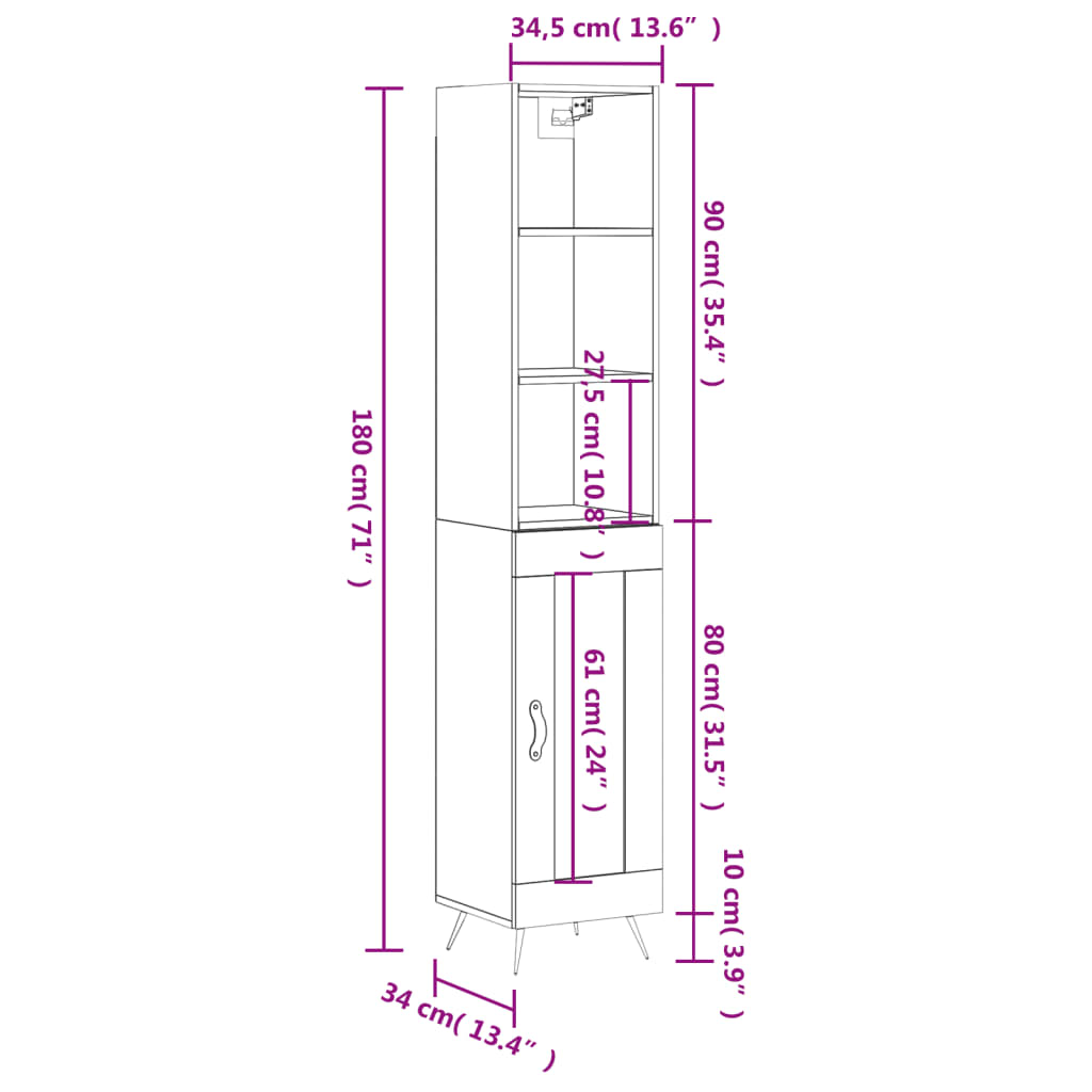 vidaXL Högskåp vit 34,5x34x180 cm konstruerat trä