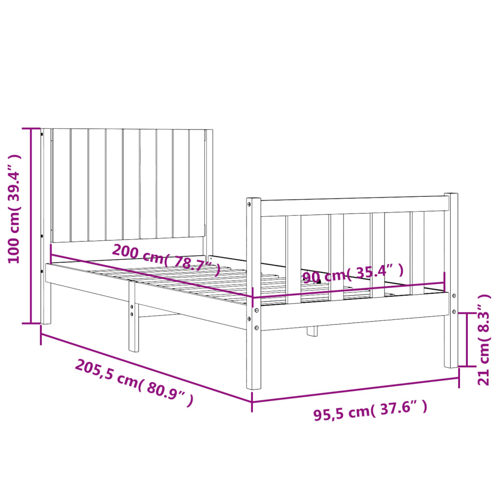 vidaXL Sängram med huvudgavel vit 90x200 cm massivt trä