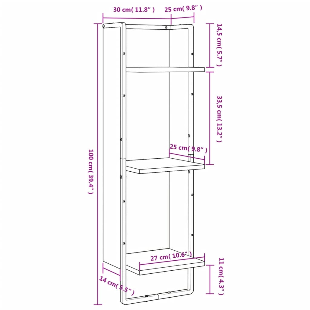 vidaXL Vägghylla 3 hyllor sonoma-ek 30x25x100 cm konstruerat trä