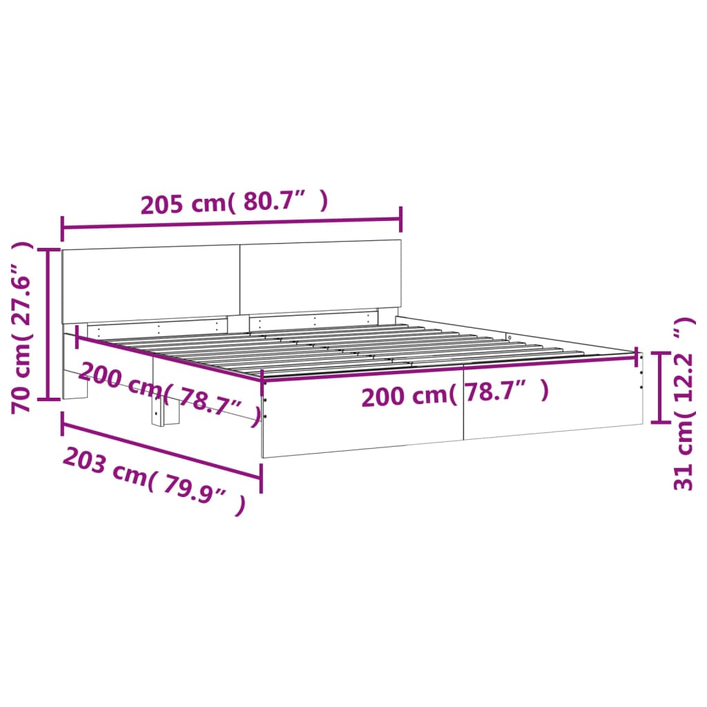 vidaXL Sängram med huvudgavel och LED grå sonoma 200x200 cm