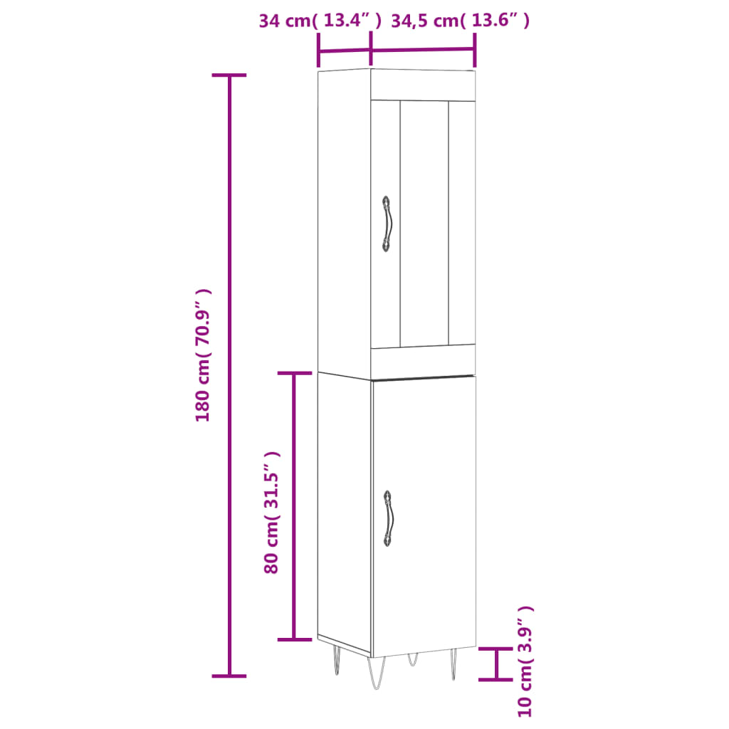 vidaXL Högskåp vit högglans 34,5x34x180 cm konstruerat trä