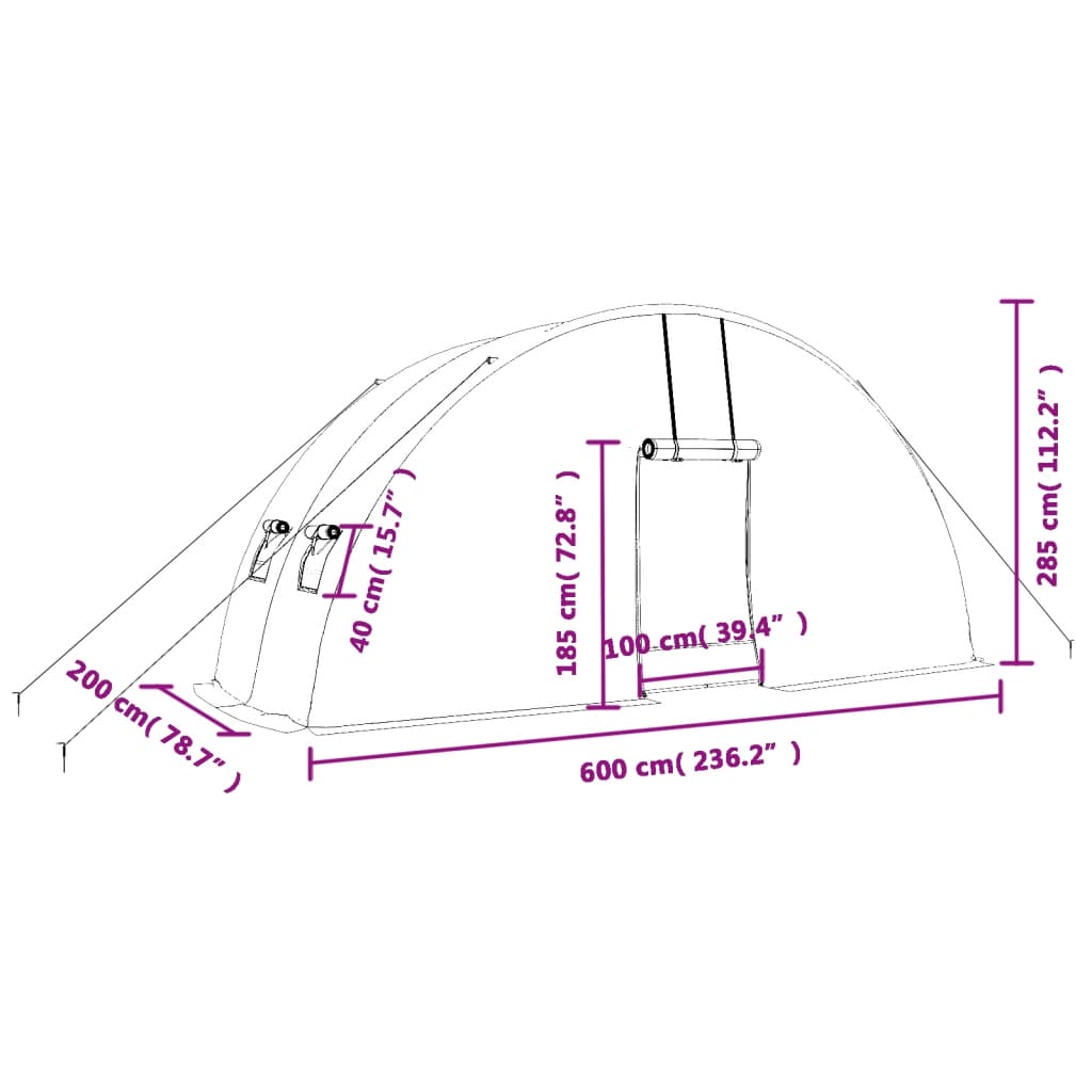 vidaXL Växthus med stålram vit 12 m² 6x2x2,85 m