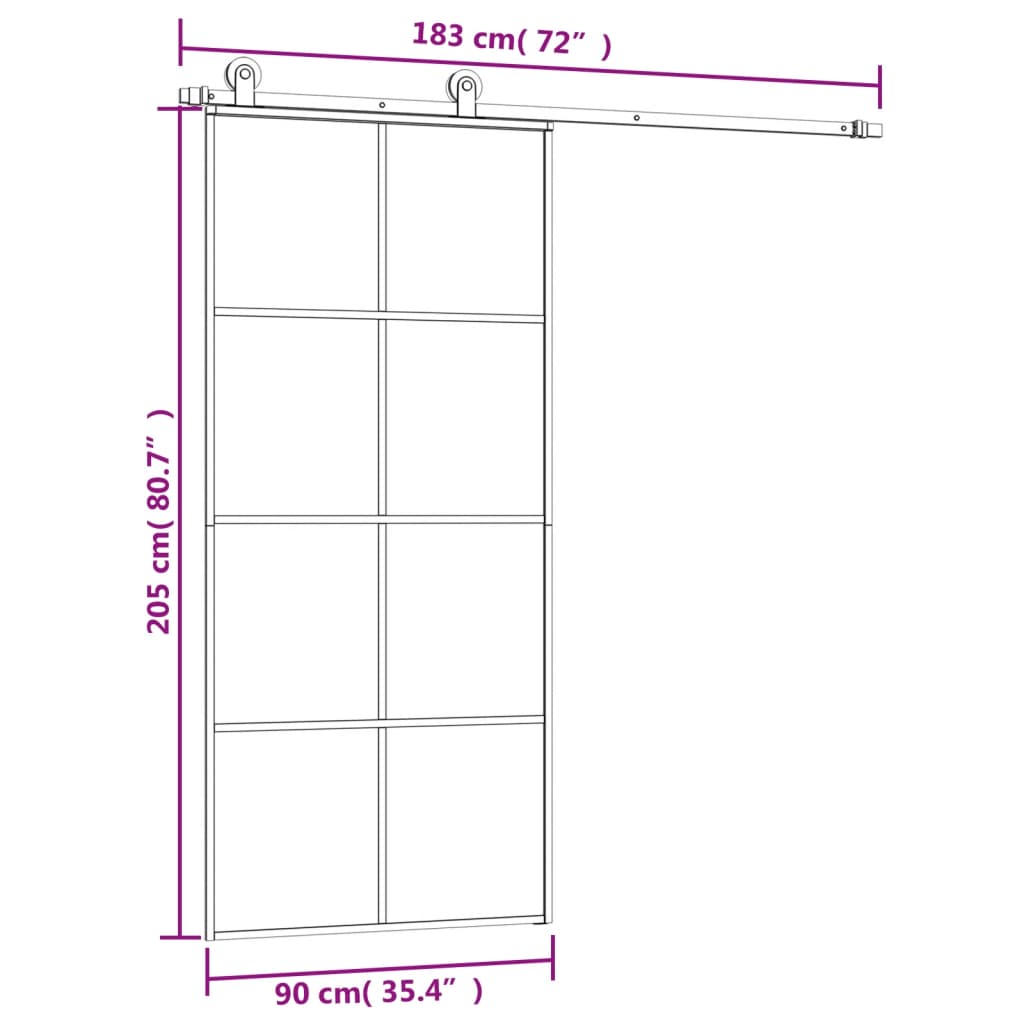 vidaXL Skjutdörr med beslagset ESG glas och aluminium 90x205 cm