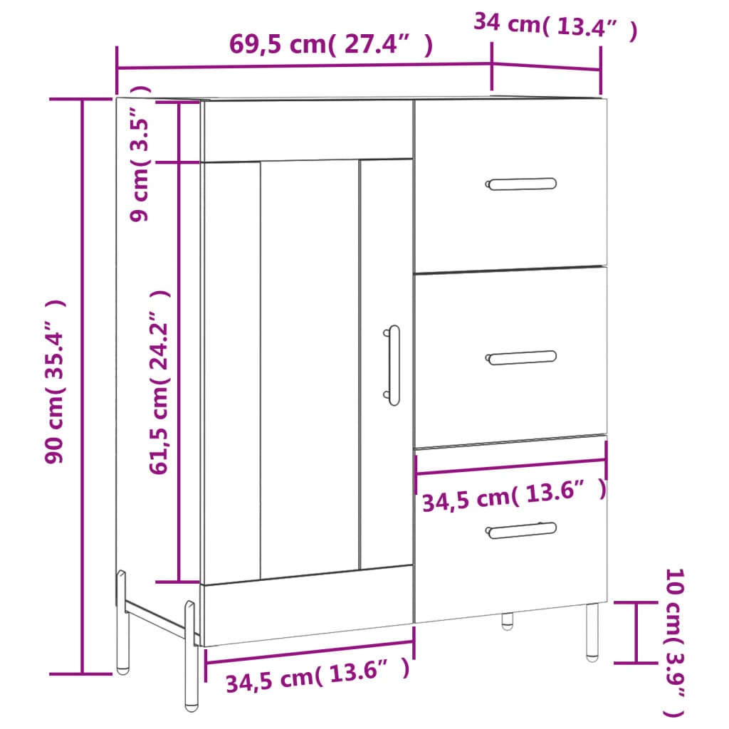 vidaXL Skänk sonoma-ek 69,5x34x90 cm konstruerat trä