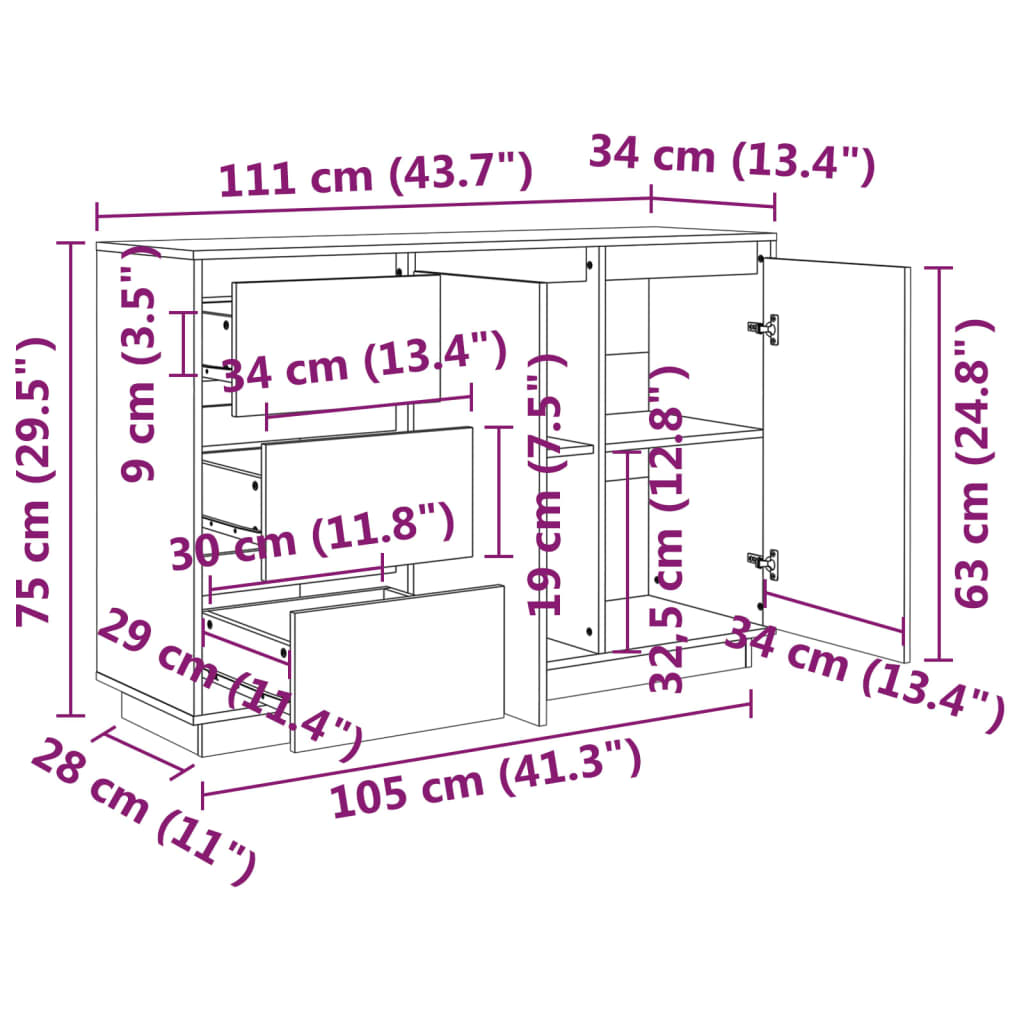 vidaXL Skänk vit 111x34x75 cm massiv furu