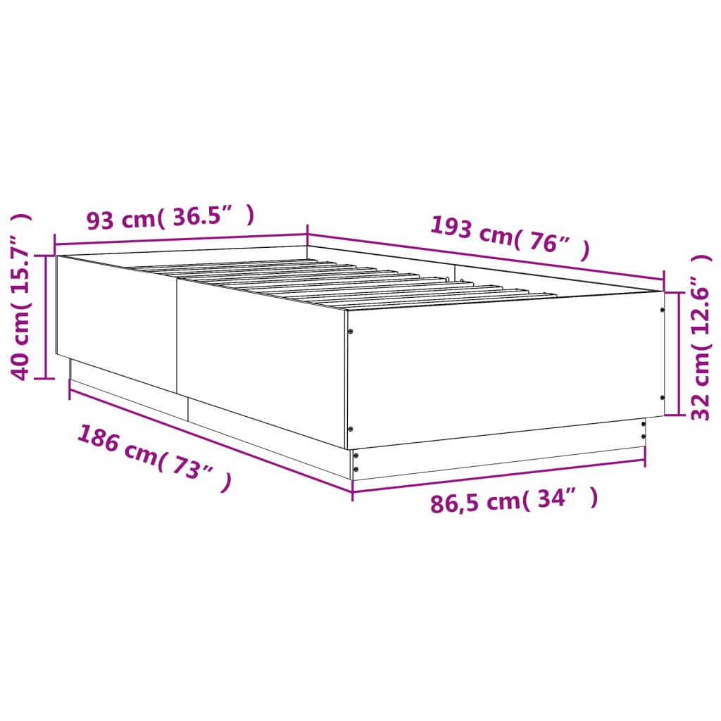 vidaXL Sängram med LEDs rökfärgad ek 90x190 cm konstruerad trä