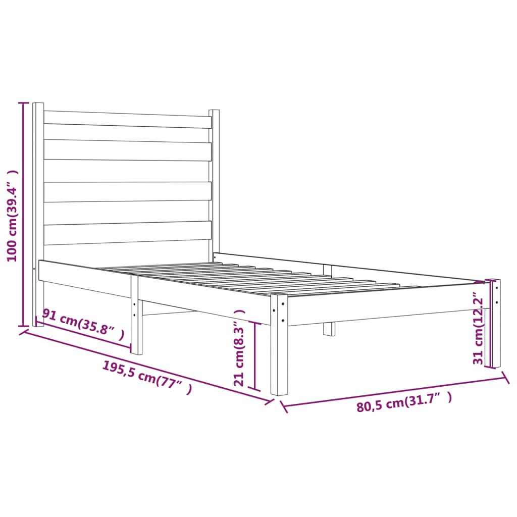 vidaXL Sängram svart massiv furu 75x190 cm