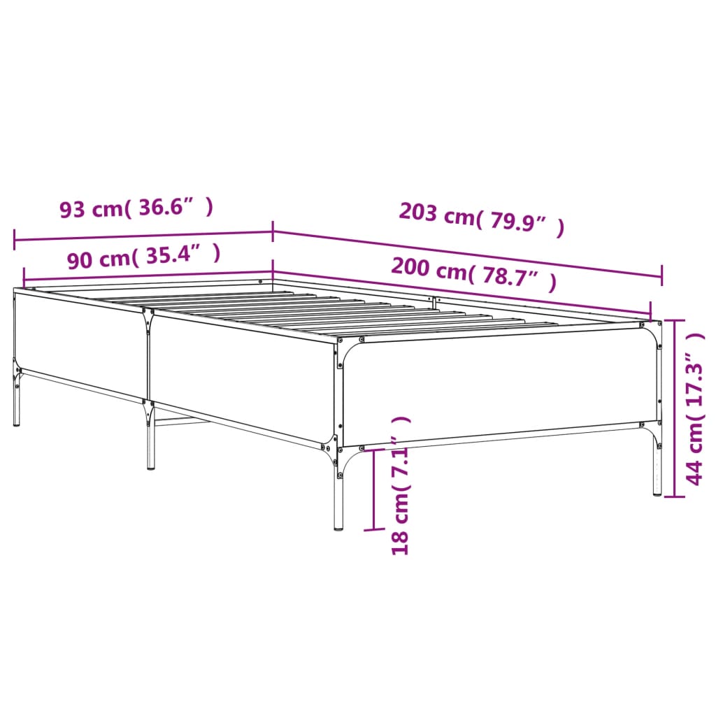 vidaXL Sängram sonoma-ek 90x200 cm konstruerat trä och metall