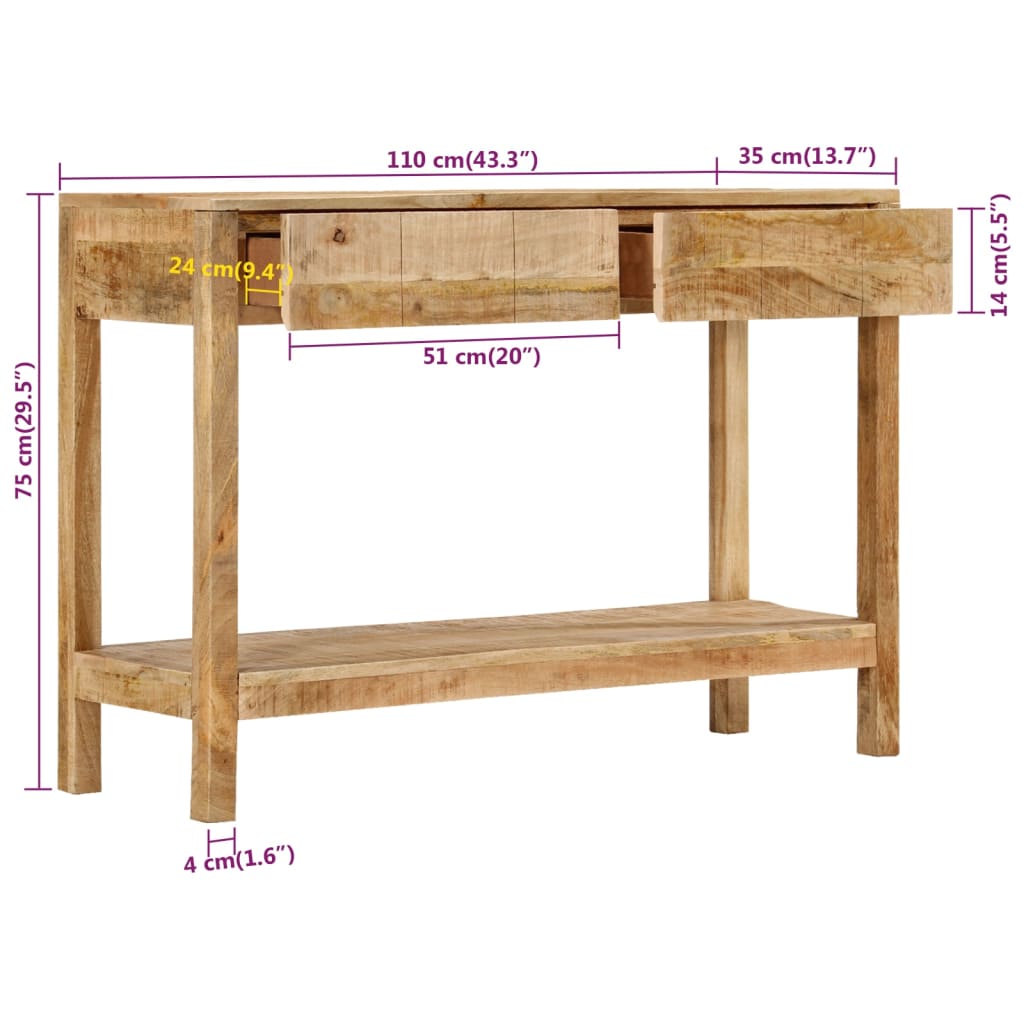 vidaXL Avlastningsbord med 2 lådor 110x35x75 cm massivt mangoträ