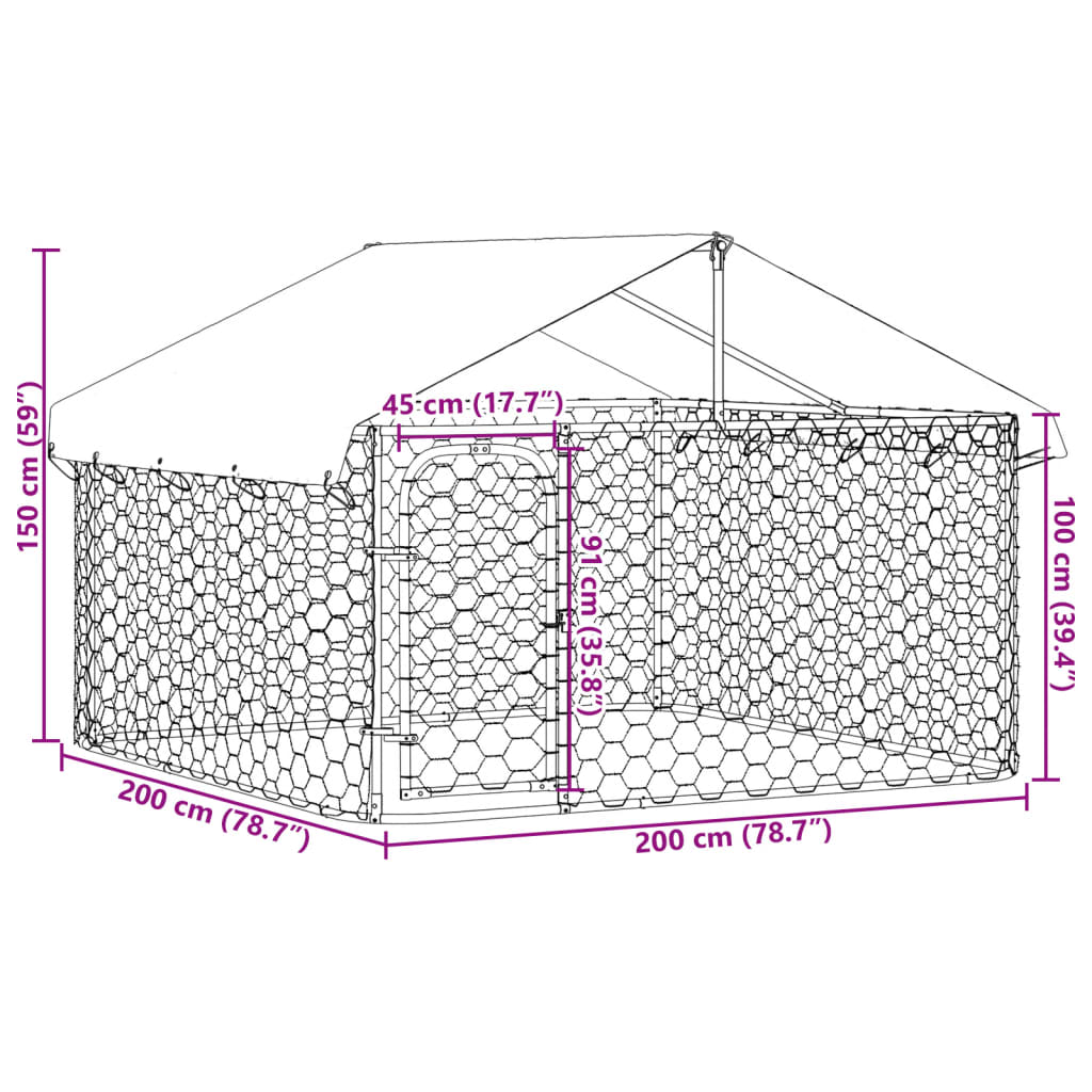 vidaXL Hundgård med tak för utomhusbruk 200x200x150 cm