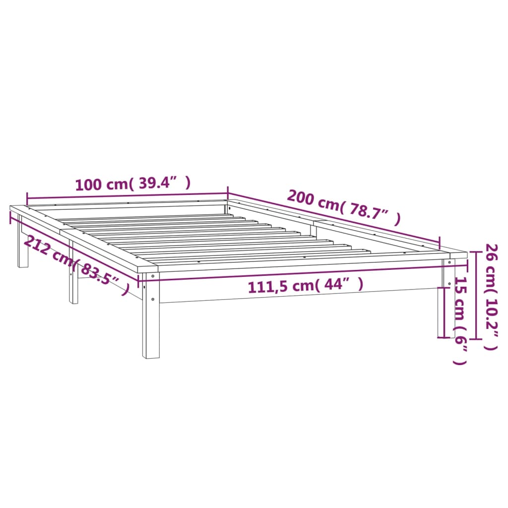 vidaXL Sängram LED honungsbrun 100x200 cm massivt trä