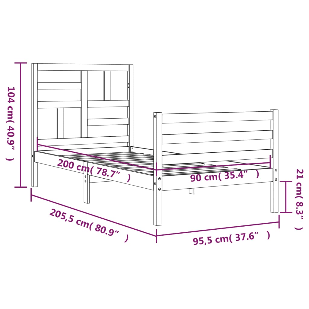 vidaXL Sängram med huvudgavel 90x200 cm massivt trä