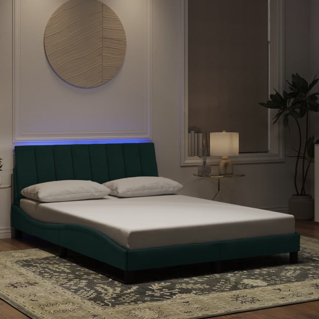 vidaXL Sängram med LED-belysning mörkgrön 140x190 cm sammet