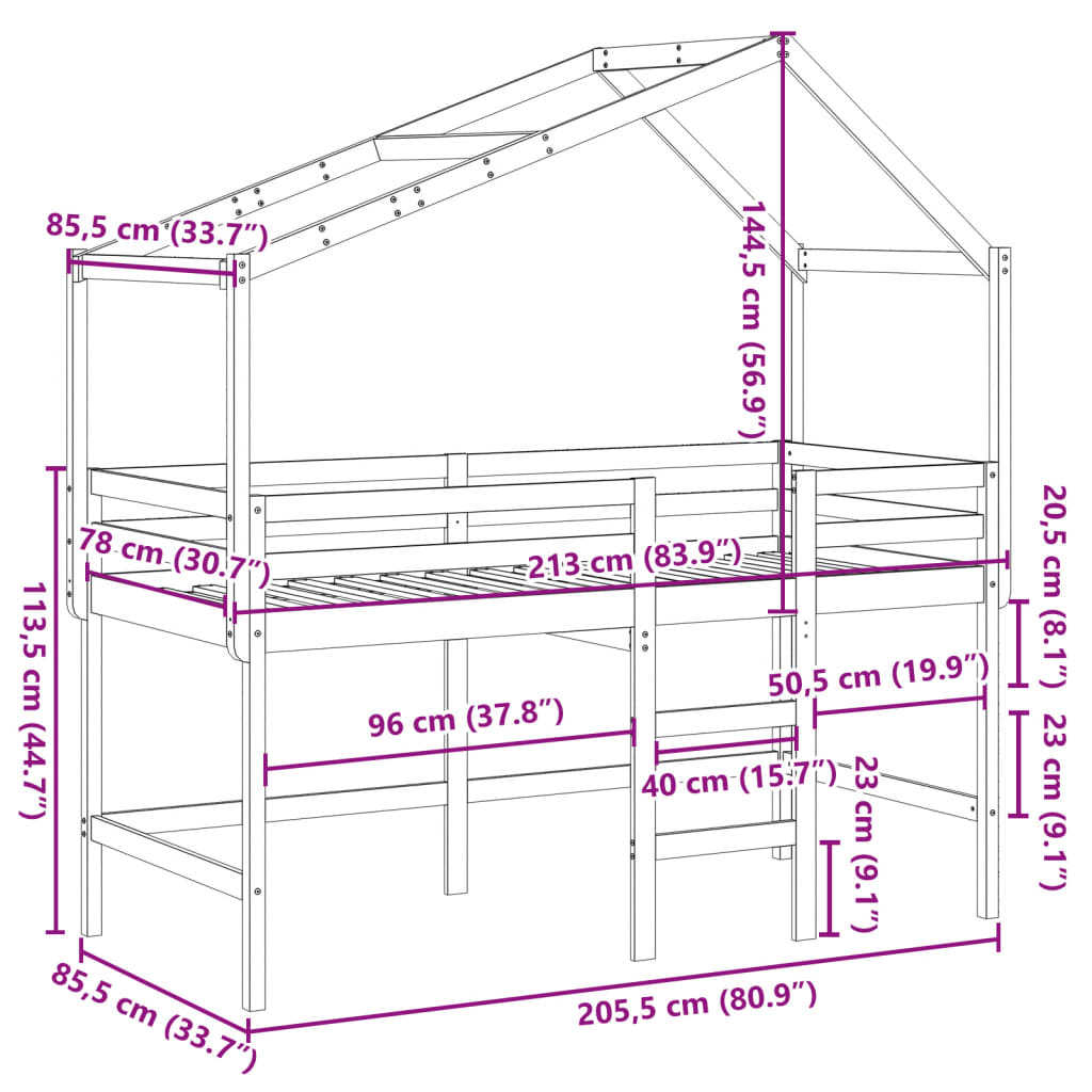 vidaXL Våningssäng med stege och tak vit 80x200 cm massiv furu