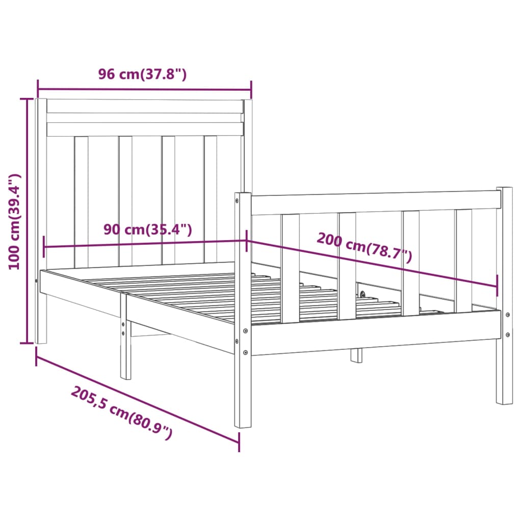 vidaXL Sängram svart massivt trä 90x200 cm enkelsäng