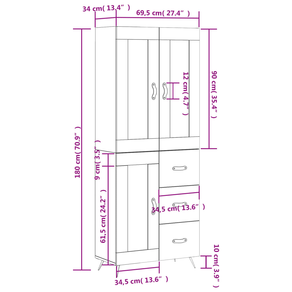 vidaXL Högskåp vit 69,5x34x180 cm konstruerat trä