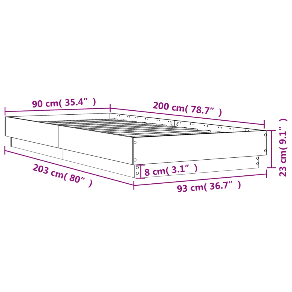 vidaXL Sängram med LEDs betonggrå 90x200 cm