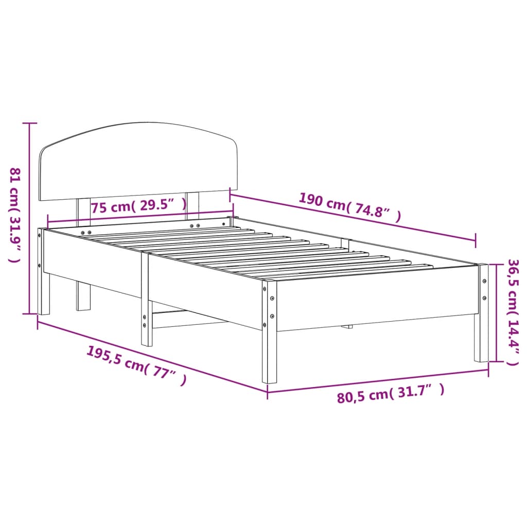 vidaXL Sängram utan madrass vit 75x190 cm massiv furu