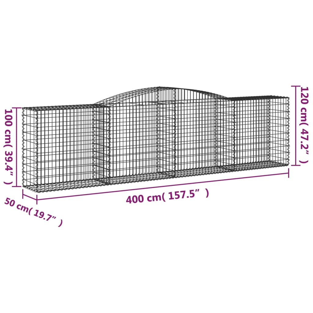 vidaXL Gabioner bågformade 3 st 400x50x100/120 cm galvaniserat järn