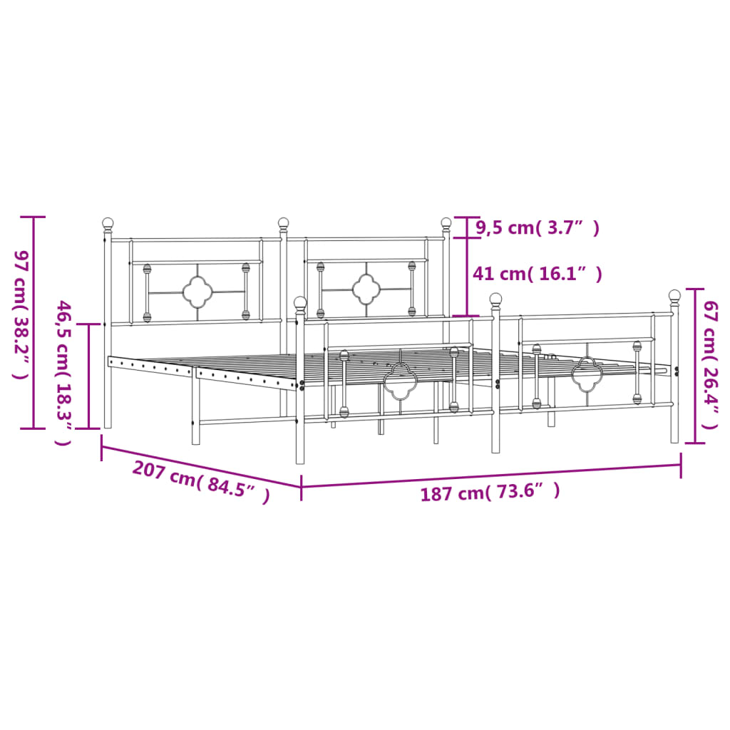 vidaXL Sängram utan madrass med fotgavel metall svart 180x200 cm