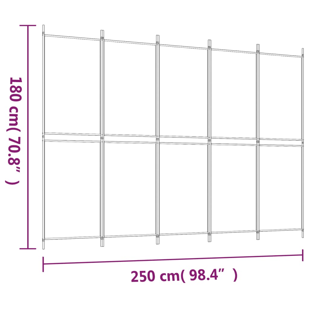 vidaXL Rumsavdelare 5 paneler vit 250x180 cm tyg