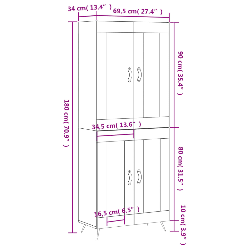 vidaXL Högskåp vit 69,5x34x180 cm konstruerat trä