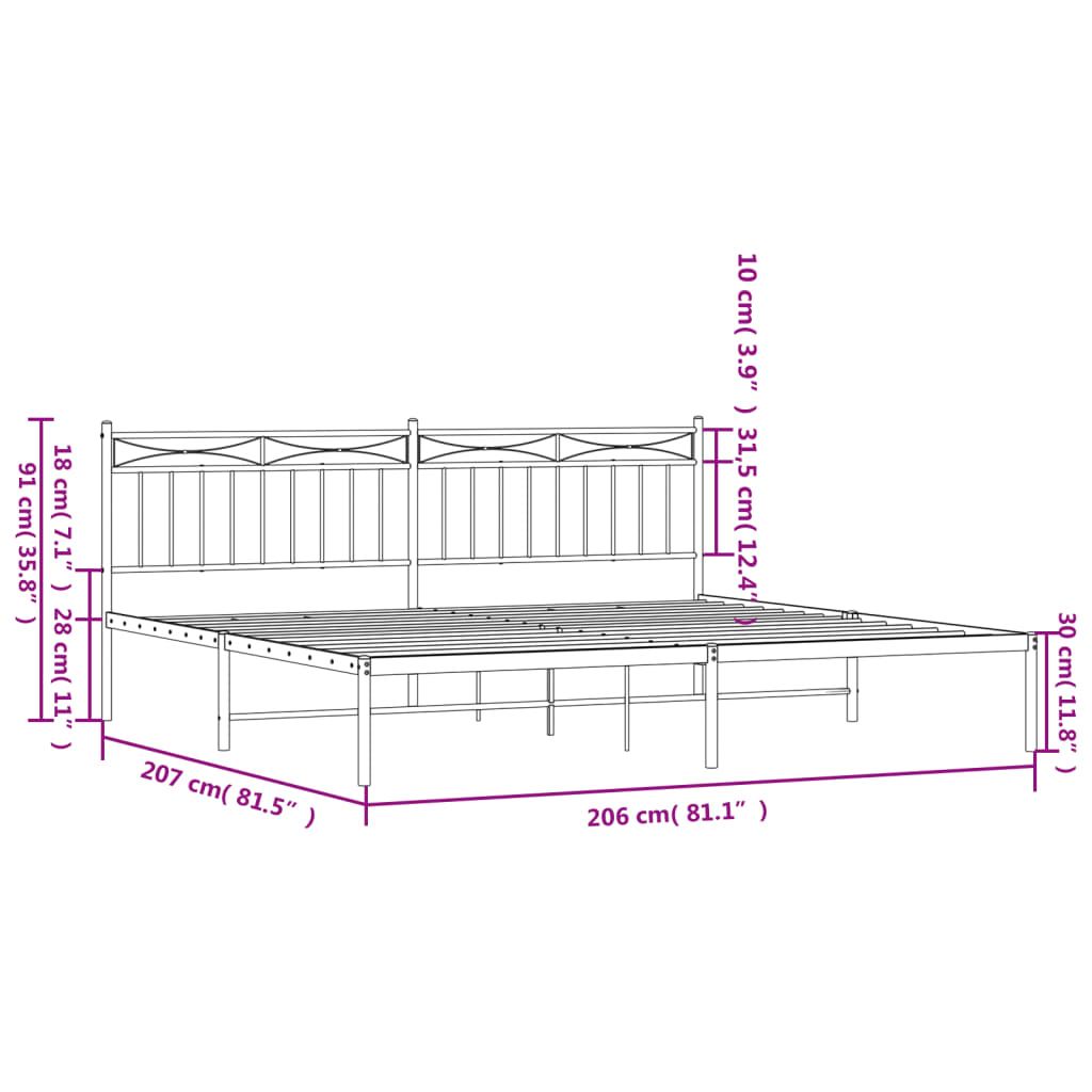 vidaXL Sängram med huvudgavel metall vit 200x200 cm